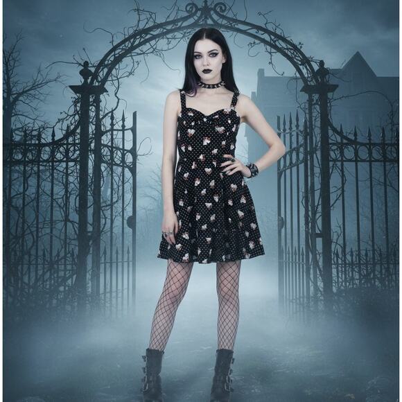 Hot Topic Skull Flower Polka Dot Mini Dress Size Small Punk Goth Halloween - Picture 1 of 6